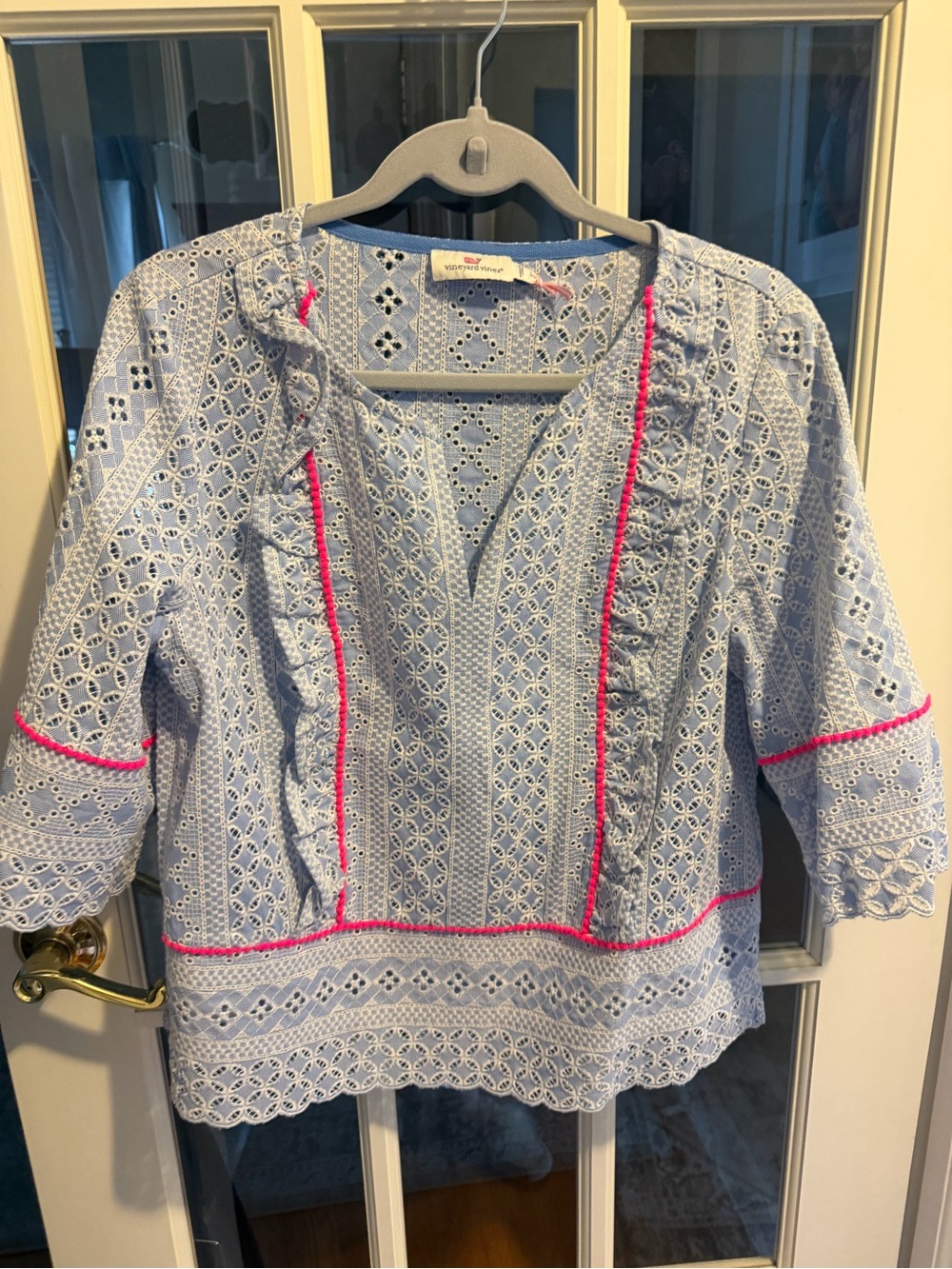 Vineyard Vines Light Blue Eyelet Blouse with Hot Pink Trim